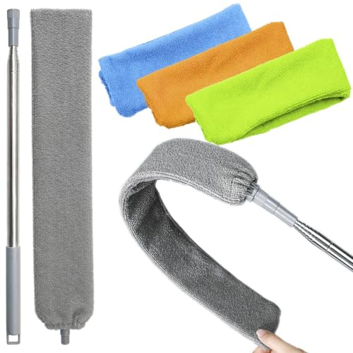 100 inches Retractable Gap Dust Cleaner Cleaning Tools with 4 Microfiber Dusting Cloths Long Handle, Washable and Retractable Duster Brush for Cleaning Under Appliances Furniture Couch Fridge