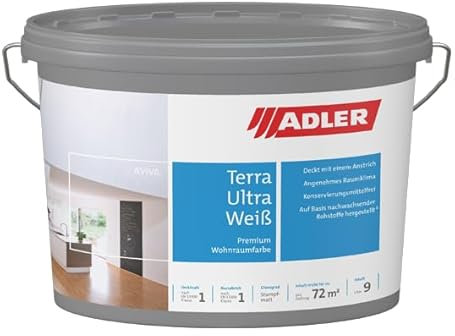 ADLER Aviva Terra bianco naturale opaco – vernice a base d'acqua per dipingere e rotolare – traspirante, altamente coprente, senza solventi – Colore da parete bianco – 9 l 3 l