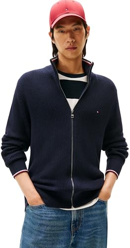 Tommy Hilfiger Herren Pullover mit Reißverschluss Rib Zip Through mit Stehkragen, Blau (Desert Sky), L