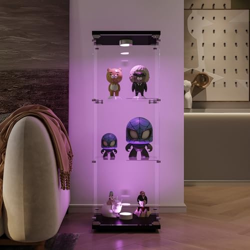 BursDany Glasvitrine mit LED, moderner Vitrinenschrank mit 3 Ablagen aus ESG-Glas, Sammlervitrine für Bar, Wohnzimmer, 125 x 42 x 36 cm, Schwarz