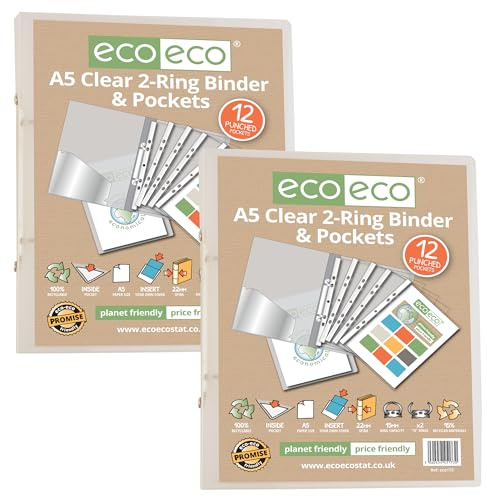 eco-eco A5 65% återvunnen klar presentationsringpärm med 12 multistansade fickor, paket med 2, eco173x2