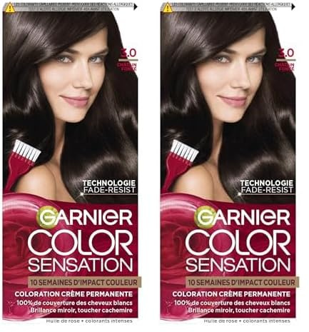 Garnier Color Sensation Coloration - Châtain Foncé 3.0 - Coloration Crème Permanente - Tous Types de Cheveux - Couleur jusqu'à 10 Semaines & Couvre les Cheveux Blancs 100% (Lot de 2)