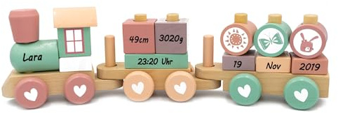Personalisierte Holz-Eisenbahn mit Namen – Lokomotive mit Steckformen in Pink – Geschenk zur Geburt & Geburtstag für Mädchen & Jungen – Schriftfarbe Schwarz