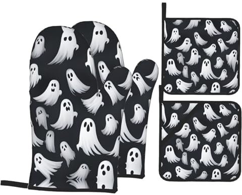 Ofenhandschuhe Und Topflappen-Set Niedlicher Weißer Geister-Halloween-Musterdruck Leicht Zu Reinigen Hot Pads Kits Mehrweg Kochhandschuhe Für Dekoration Backen Grillen,4 Stck.