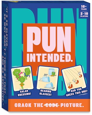 Gouda Games Pun Intended - Hilarious Picture Guessing Card Game for Families & Adults, Fast-Paced Wordplay Fun, Gifts for Pun & Game Lovers, 2-10 Players