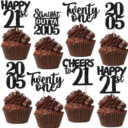 Xsstarmi 30 Pack Happy 21st Birthday Cupcake Toppers Black Glitter Twenty One Straight Outta 2005 Cupcake Picks for Cheers to 21 Years 21st Birthday Anniversary Party Cake Decorations