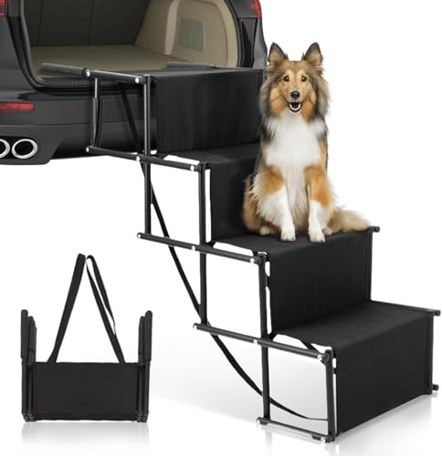 PiuPet Hundetreppe klappbar - Mobile Auto-Einstiegshilfe für große und kleine Hunde, hochwertige, Wasserabweisende PVC Hundeleiter für Sicherheit und Komfort