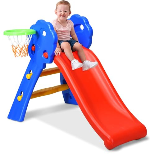 KOTEK Folding Toddler Slide for Indoor and Outdoor, Freestanding Plastic Baby Slide Climber Playset, Easy to Store, Anti-Slip Steps, Kids Playground Toy Ages 3-5 (Blue with Basketball Hoop)