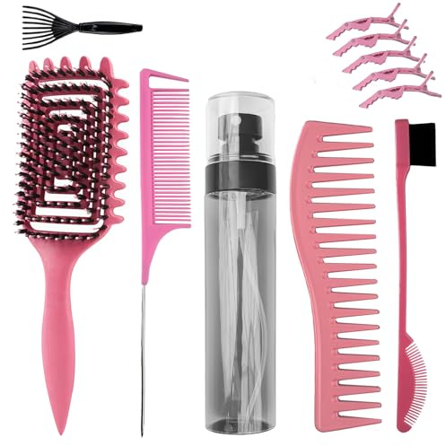 Lot de 7 brosses à cheveux pour boucles - Avec brosse à cheveux bouclés, Pour cheveux ondulés et bouclés, Flacon pulvérisateur, Brosse à crêper, Brosse de massage, Double brosse et pinces à cheveux