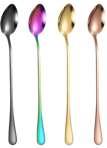 COZERI 4PCS Coloured Long Handle Latte Spoons - Glod Stainless Steel Mixing Stirring Coffee Spoons with Mirror-Polish, Scald-Proof Design Suitable for Hot Beverages Long Handled Teaspoons Sundae