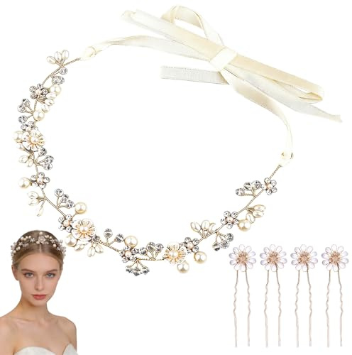 Braut Haarschmuck Diadem, Braut Stirnband, Prinzessin Blumenkranz Haare Perle Haarreifen Kopfbedeckung(Gold)