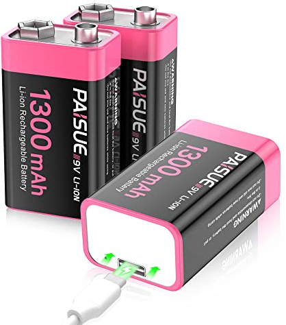 Wiederaufladbare 9V Batterien, 1300mAh 9V Blockbatterie Akku Lithium-ionen Batterien mit USB-C-Schnellladen für Rauchmelder, Multimeter, Mikrofon (3 Stück)