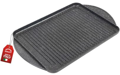 MOHOME Bistecchiera Antiaderente Pietra a Vassoio Made in Italy 37 x 28 cm Alluminio Pressofuso Piano Cottura Grill Fornello Gas Forno Padella Piastra Griglia Rigata Doppio Manico