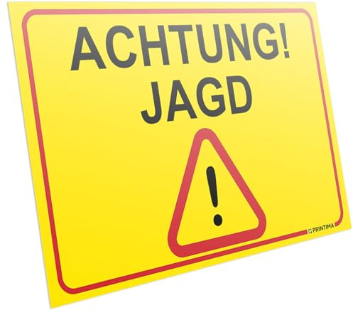 PRINTIMA Warnschild ACHTUNG JAGD 32x21 cm wetterfestes Hinweisschild mit Montagedübeln Jagdgebiet Warnung gelbes Piktogramm Kunststoff langlebig sichtbar Außenbereich