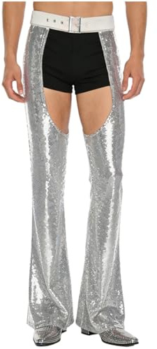 dPois Men Sequin Open Leg Bell Bottom Pants Jodhpurs Trendy Party Trousers for Masquerade Club Party Silver X-Large