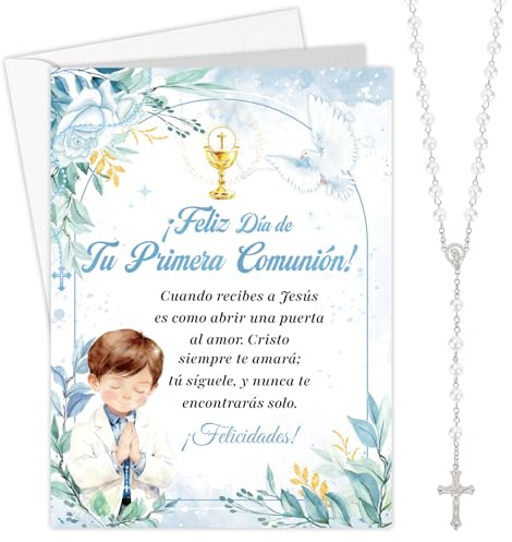 HOWAF Tarjeta Comunión Niño, Tarjeta Felicitación Primera Comunión & Rosarios Religiosos Blanco para Regalos Comunion Niño, Regalos de Comunion