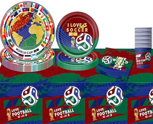 Vectorgolden 69Pcs Football Party Tableware Set for 16 Guests, Party Tableware Set Including Paper Plates, Paper Cups, Napkin, Tablecloth for Football Birthday Decoration ,World Cup Party Decoration
