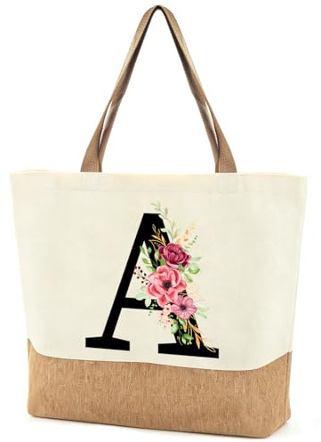 Ysound Borsa Mare con Iniziale, Borsa Tote Grande in Tela e Juta 44x40x12cm, Donna Tote Bag con Lettera A e Fiori, Regali per Donna Amica Mamma, Regalo Compleanno Festa della Mamma Damigella