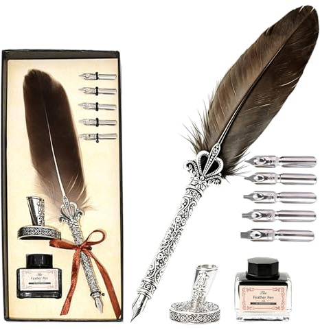 Joyeee Grey Writing Quill and Ink Set, With Elegant Antique Feather Fountain Dip Pen, Black Ink Pot, Stainless Steel Nibs, Collectible Keepsake Gift Box, Nice Luxury Office Gift for Colleagues Clients