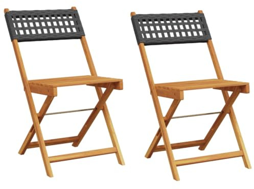 PTUGUOF Poly Rattan Bistrostühle 2 STK Schwarz Massivholz Akazie für Garten und Terrasse, klappbare Stühle ohne Armlehne, stabil und witterungsbeständig, max. 110 kg belastbar