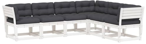 QJBSAVVA 6-TLG Garten-Sofagarnitur mit Kissen Weiß Lounge-Set aus Kiefernholz Massivholz Modulare Gartenlounge Palettenmöbel Sofa-Eckteile Sitzplätze für Terrasse Balkon und Außenbereich
