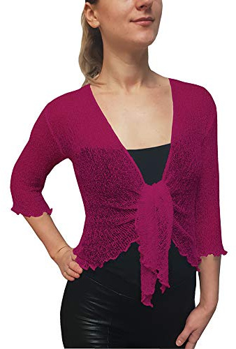 Mimosa Ladies Crochet Shrug Bolero Glitter or Plain Super Stretchy Lace Fish Net Tie at Waist Bolero Open Cardigan Fits UK 6-28