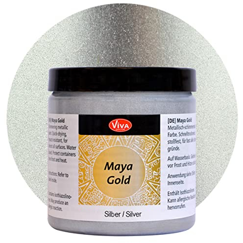 Viva Decor Maya Gold 250ml (Silber) - Metallic-Acrylfarbe für kreative Werke auf Holz, Glas und Porzellan. Stoßfest, wischfest und wetterfest für glänzende Metall- / Metallic Effekte