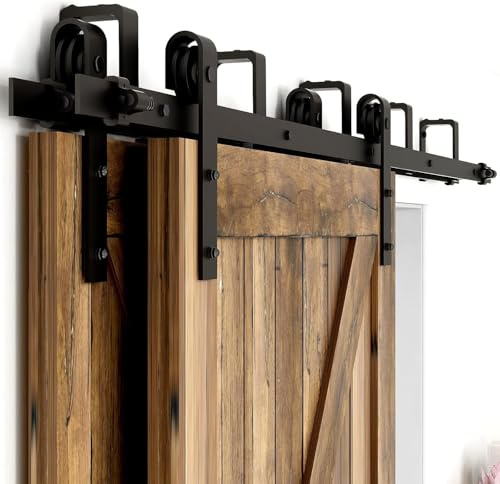 14FT/426cm Heavy Duty Bypass Sliding Barn Doors Track Hardware System J Shape Hangers for Bypass Double Wooden Door