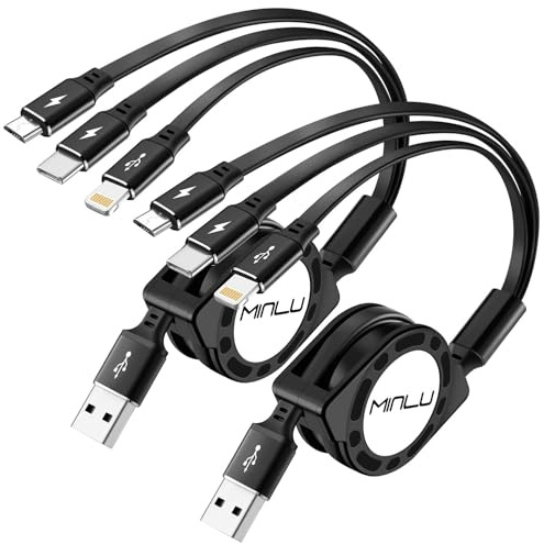 MINLU Multi Charging Cable 3A, 2Pack 4ft Retractable Multi Charging Cord 3 in 1 Charging Cord, USB C Charger Adapter with Lightning/Type C/Micro USB Ports for Cell Phones/iPhone/Samsung/PS/Tablets