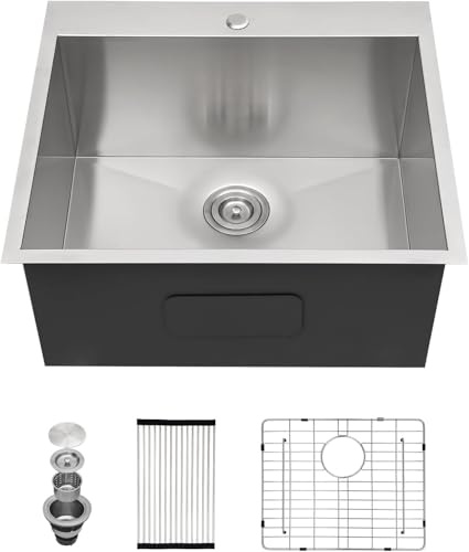 Lordear 25 Inch Drop In Utility Sink Laundry Room T304 16 Gauge Stainless Steel 12 Inch Deep Basin Sink Single Bowl 25x22