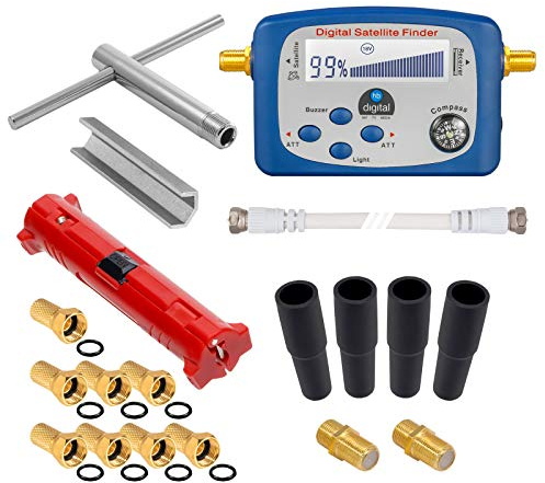 Conjunto de instalación HB-Digital SAT buscador de satélite digital con brújula + pelacables + llave de montaje + ayuda para atornillar + conector F 8X + conector 2X + arandela de goma 4X