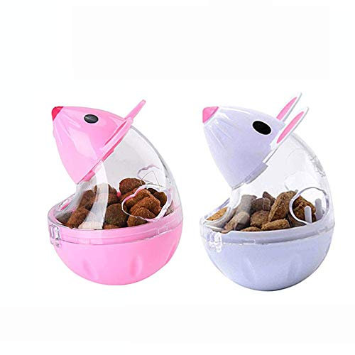 SUNNEE 2Pcs Cat Food Dispenser Cat Treat Toy Feeder Toy for Interactive IQ Treat Training Mouse shape Tumbler (White,Pink)