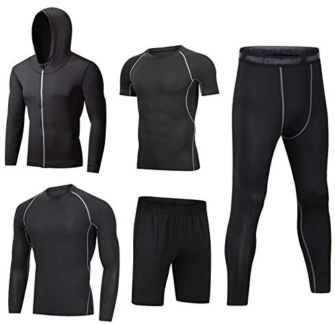 HZQIFEI Uomo 5 Pezzi Completi Sportivi Abbigliamento Set Giacca con Cappuccio Manica Corta/Lunga Camicie a Compressione Pantaloni a Compressione Pantaloncini (Style#5, M)
