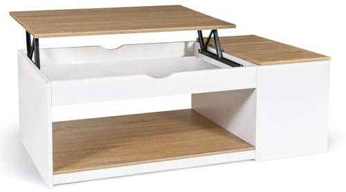IDMarket - Mesa baja con bandeja elevable rectangular ELEA con cajón, madera blanca y acabado en haya