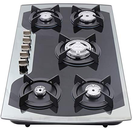 Kaibrite Cocina de gas de 5 quemadores, 35,4 pulgadas de vidrio templado, cocina de gas vitrocerámica, quemador de aluminio, cocina de gas propano empotrable, color negro