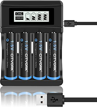 CITYORK Akku AA Wiederaufladbare Li-Ion Batterien, 4 Pack 1.5V AA 3000mWh Wiederaufladbare Batterien, mit 4 Bay LCD Smart Charger, Micro USB Ladegerät, Schnellladung Auto-Safety Feature