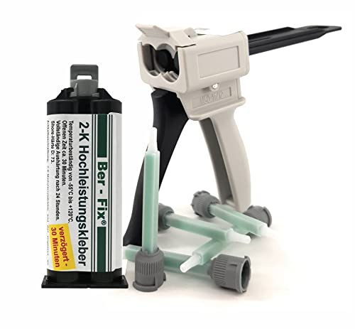 Ber-Fix Starter Set 2K Hochleistungskleber 30 Min 2K Kleber Kunststoff 2K Metallkleber Extra Stark 50g für Kartuschenpresse + Pistole + 5 Spitzen