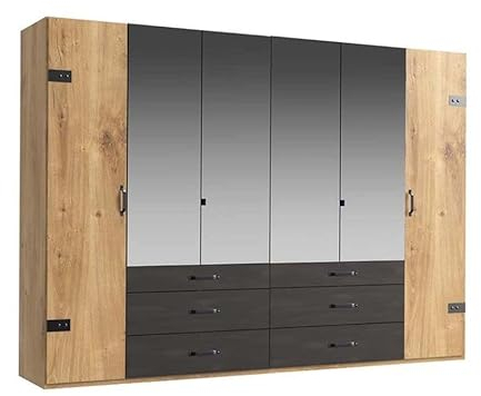 Froschkönig24 Detroit 6-türiger Kleiderschrank Drehtürenschrank mit Spiegel Plankeneiche/Schwarz, Passepartout (Rahmen):ohne Passepartout
