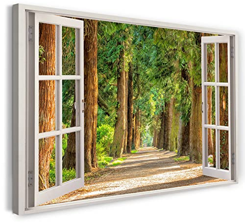 Printistico Impression sur toile (120x80 cm) vue depuis la fenêtre - chemin dans la forêt arbres soleil plantes - photographie nature, cadre en bois véritable avec crochet,