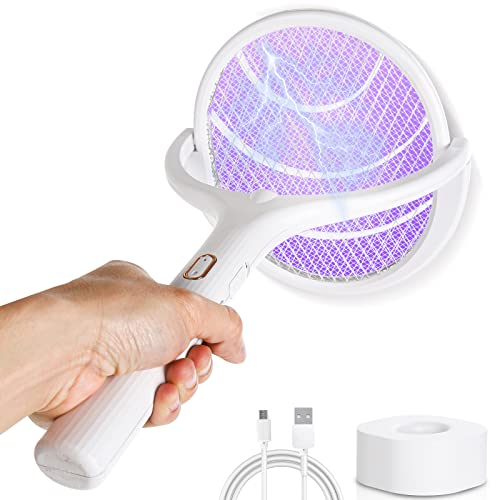 Tubiaz Elektrische Fliegenklatsche, 5 in 1Fliegenfänger 3500V USB wiederaufladbar Elektro Mückenklatsche und UV Mückenlampe, Winkel kann gedreht werden für Mücken, Fliegen, Motten