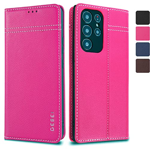Gebei Hülle Echt Leder für Samsung Galaxy S22 Ultra 5G - Premium Echte Lederhülle mit Standfunktion und Kartenfach Flip Case Ledertasche Handyhülle Schutzhülle Klapphülle – Pink