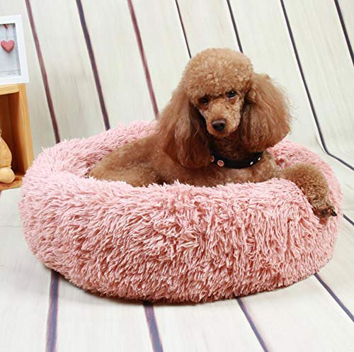 Rundes Donut-Kissenbett für Katzen und Hunde, flauschiges Fell, wunderschönes Hundebett, Katzenhöhle, abnehmbares, waschbares, weiches Hundekissen für kleine, mittelgroße Hunde/Katzen, 80 cm, Rosa