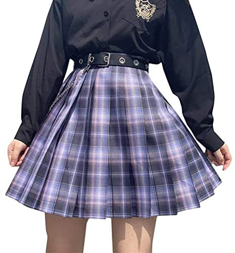 ORANDESIGNE Mini Jupe Femme Plissée Ecossais Elégant Hiver Haute Elastique Double Ceinture en Dentelle Ecolière A Violet S