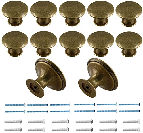 Cionyce 12 Pcs Brass Cabinet Knobs Metal Drawer Knobs Round Dresser Handle Knobs 1.18 Diameter Kitchen Cabinet Knobs Hardware(with Mounting Screws)