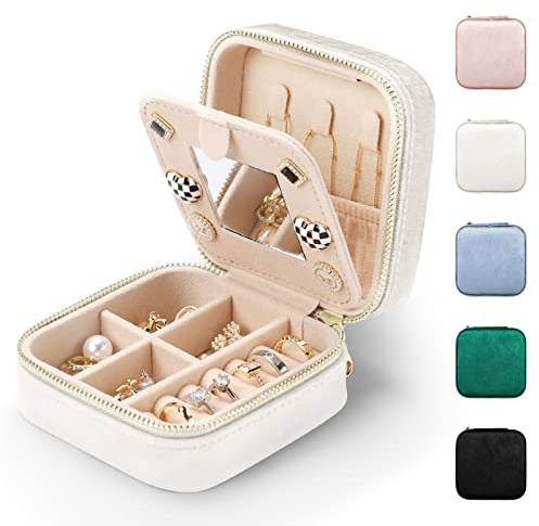 Etercycle Schmuckkästchen Reise, Samt Schmuckschatulle mit Spiegel Tragbare Schmuckbox Schmuckaufbewahrung für Ringe, Ohrringe, Halsketten und Armbänder (Beige)