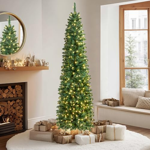 VeryMerry 6FT Pre Lit Christmas Tree Aspen Slim Pencil Tree with 300 Built-In Warm White LED Lights with Auto-Off Timer, 8 Lighting Modes and Foldable Metal Stand