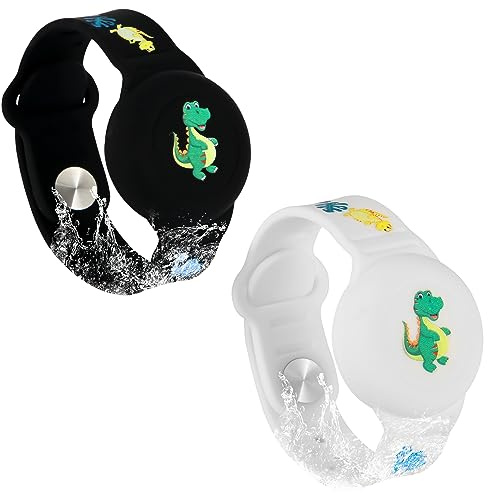 2st Barnarmband för AirTag, Tecknat Dinosauriemönster Armband för Småbarnsäldre Justerbart Klockband för Barn Anti Lost för AirTag Fodralhållare för Att Dölja GPS Spårare (Svart, Vit)
