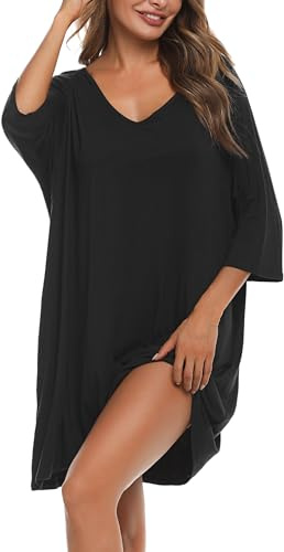 Bresdk Chemise de Nuit Femme Manche 3/4 Coton Modal Vêtements de Nuit Sexy Chic Robe de Nuit Grande Taille Maternité Cover Up Beach