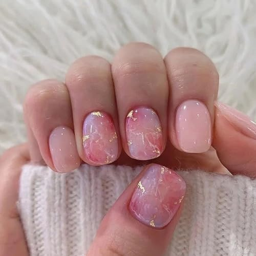 Ceboic 24 Stück Press on Nails Kurz, Rosa & Gold Glitzer Künstliche Nägel zum Aufkleben Französische Full Cover Kunstnägel mit Nagelkleber Aufkleber, Eckig Acryl Fingernägel zum Aufkleben für Frauen