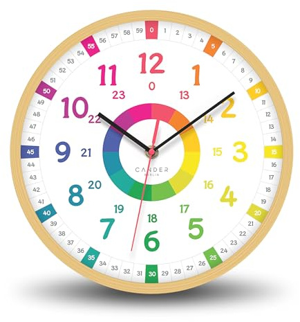 Cander Berlin MNU 2425 K Kinderwanduhr lautlos 25 cm Holzoptik analog Lernuhr Jungen Mädchen Kinderzimmer ohne Tickgeräusche